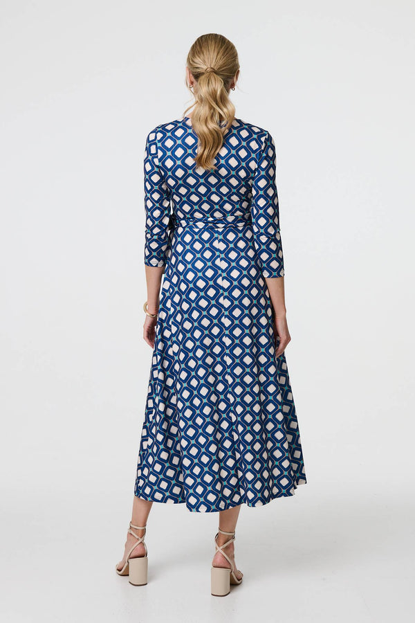 Navy | Geo Print 3/4 Sleeve Midi Wrap Dress
