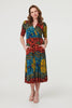Blue | Printed Ruched Waist Faux Wrap Midi Dress : Model is 5'9