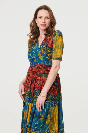 Blue | Printed Ruched Waist Faux Wrap Midi Dress