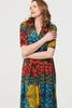Blue | Printed Ruched Waist Faux Wrap Midi Dress