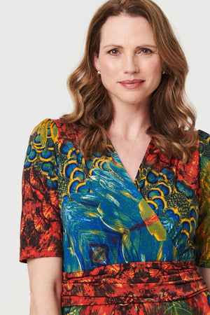 Blue | Printed Ruched Waist Faux Wrap Midi Dress