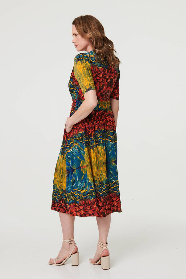 Blue | Printed Ruched Waist Faux Wrap Midi Dress