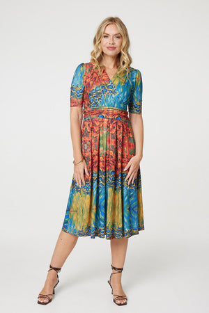 Blue | Printed Ruched Waist Faux Wrap Midi Dress : Model is 5'10