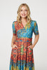 Blue | Printed Ruched Waist Faux Wrap Midi Dress
