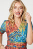 Blue | Printed Ruched Waist Faux Wrap Midi Dress

