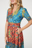 Blue | Printed Ruched Waist Faux Wrap Midi Dress
