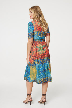 Blue | Printed Ruched Waist Faux Wrap Midi Dress
