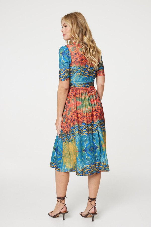 Blue | Printed Ruched Waist Faux Wrap Midi Dress
