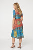 Blue | Printed Ruched Waist Faux Wrap Midi Dress
