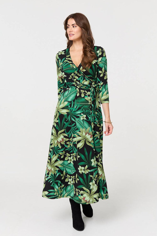Green | Floral 3/4 Sleeve Tie Waist Wrap Maxi Dress
