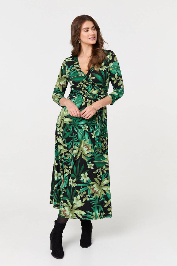 Green | Floral 3/4 Sleeve Tie Waist Wrap Maxi Dress
