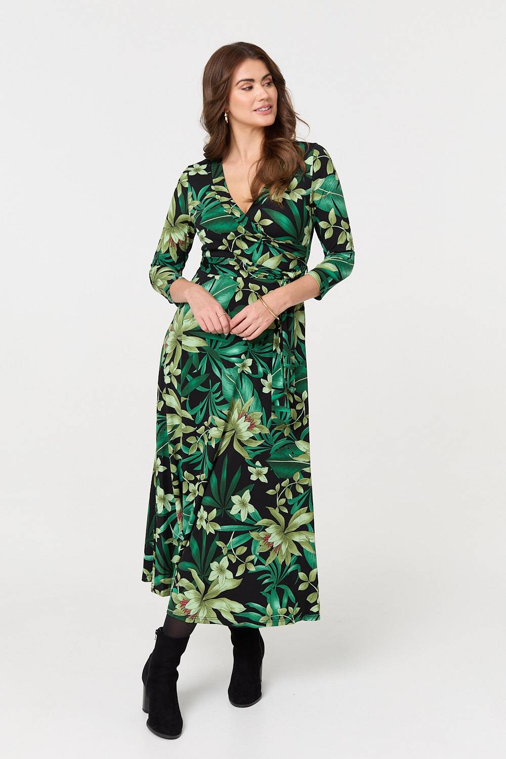 スーツ・フォーマル・ドレス le.ema flower design sleeve dress Floral 3/4 Sleeve Tie Waist Wrap Maxi Dress | Izabel London