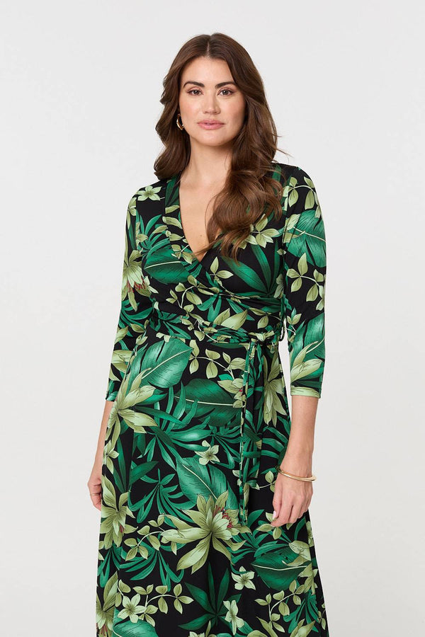 Green | Floral 3/4 Sleeve Tie Waist Wrap Maxi Dress
