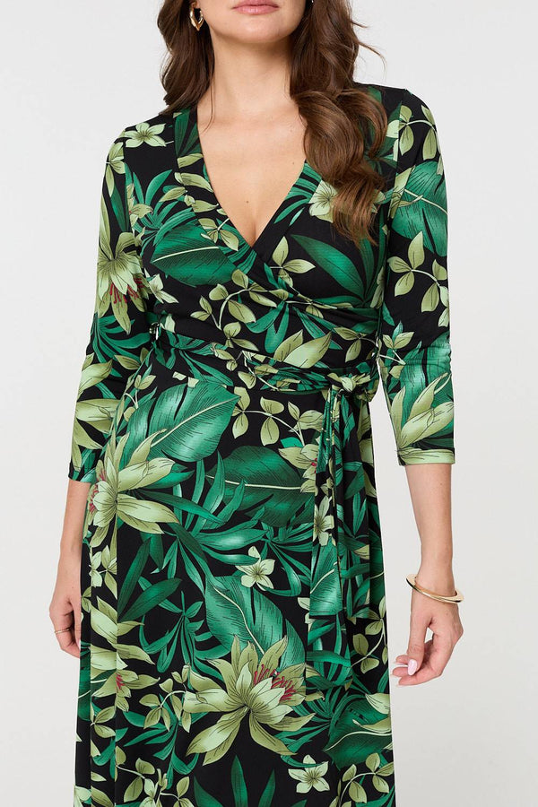 Green | Floral 3/4 Sleeve Tie Waist Wrap Maxi Dress
