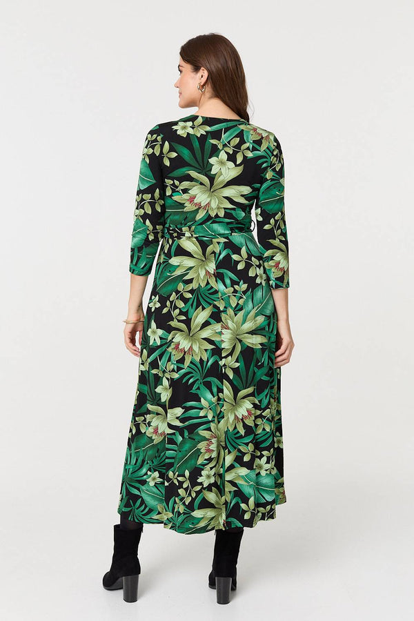 Green | Floral 3/4 Sleeve Tie Waist Wrap Maxi Dress
