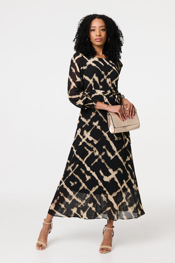 Black | Printed Long Sleeve Tie Waist Maxi Dress