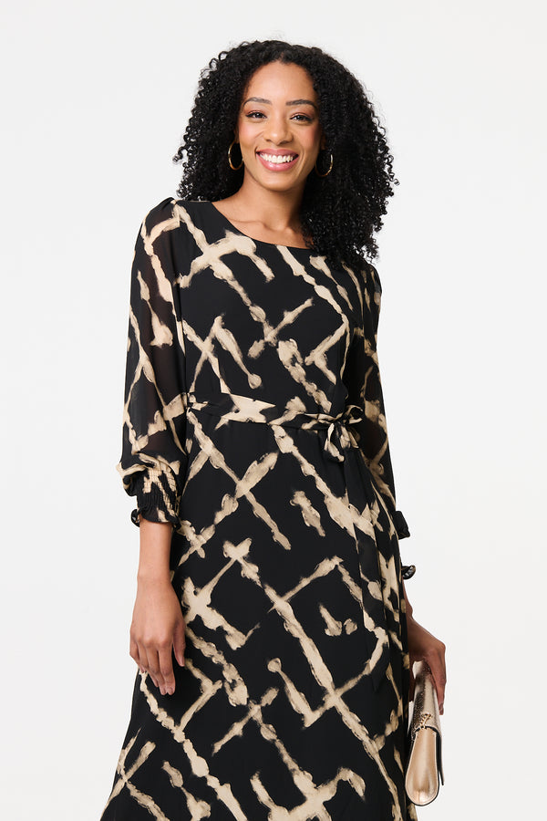 Black | Printed Long Sleeve Tie Waist Maxi Dress