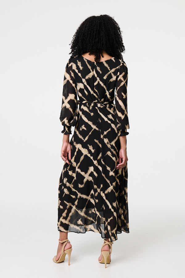 Black | Printed Long Sleeve Tie Waist Maxi Dress