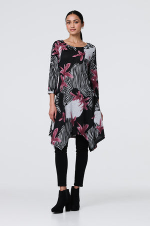 Black | Floral Hanky Hem Tunic Dress