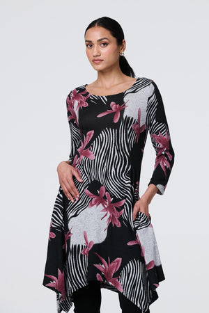 Black | Floral Hanky Hem Tunic Dress
