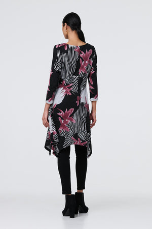 Black | Floral Hanky Hem Tunic Dress
