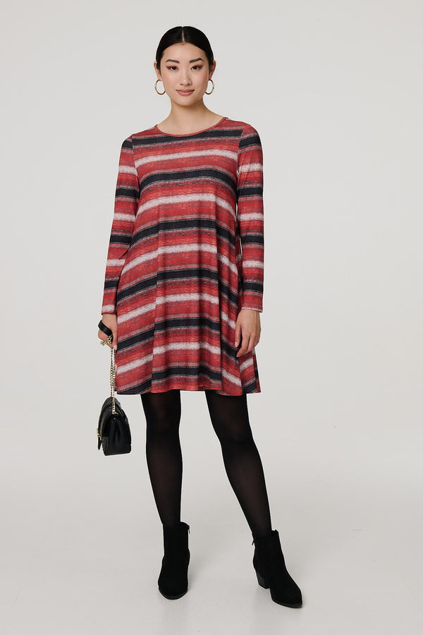 Orange | Striped Long Sleeve Short Swing Dress
