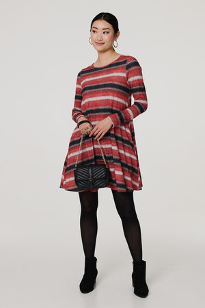 Orange | Striped Long Sleeve Short Swing Dress
