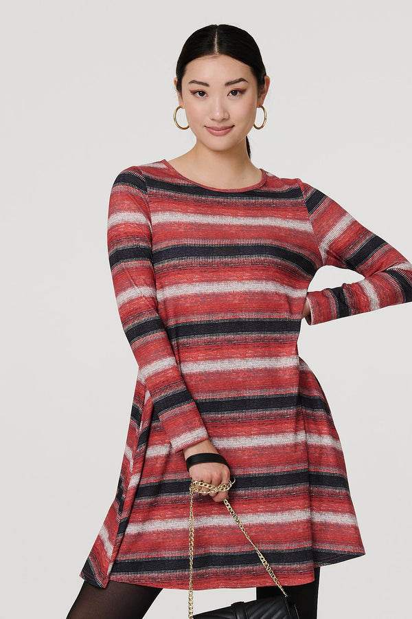 Orange | Striped Long Sleeve Short Swing Dress
