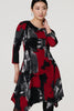 Red | Abstract 3/4 Sleeve Hanky Hem Dress : Model is 5'9