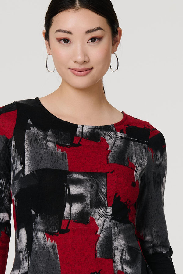 Red | Abstract 3/4 Sleeve Hanky Hem Dress