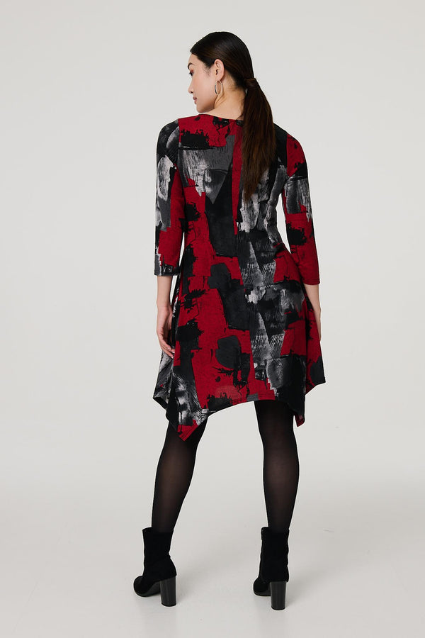 Red | Abstract 3/4 Sleeve Hanky Hem Dress