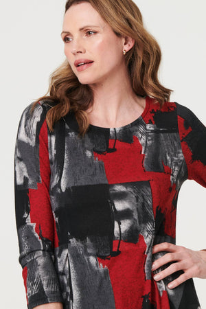 Red | Abstract 3/4 Sleeve Hanky Hem Dress
