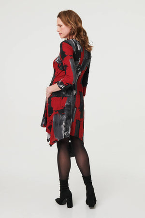 Red | Abstract 3/4 Sleeve Hanky Hem Dress