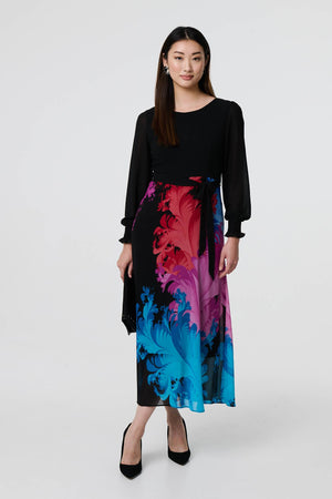 Black | Floral Contrast Print Tie Waist Midi Dress
