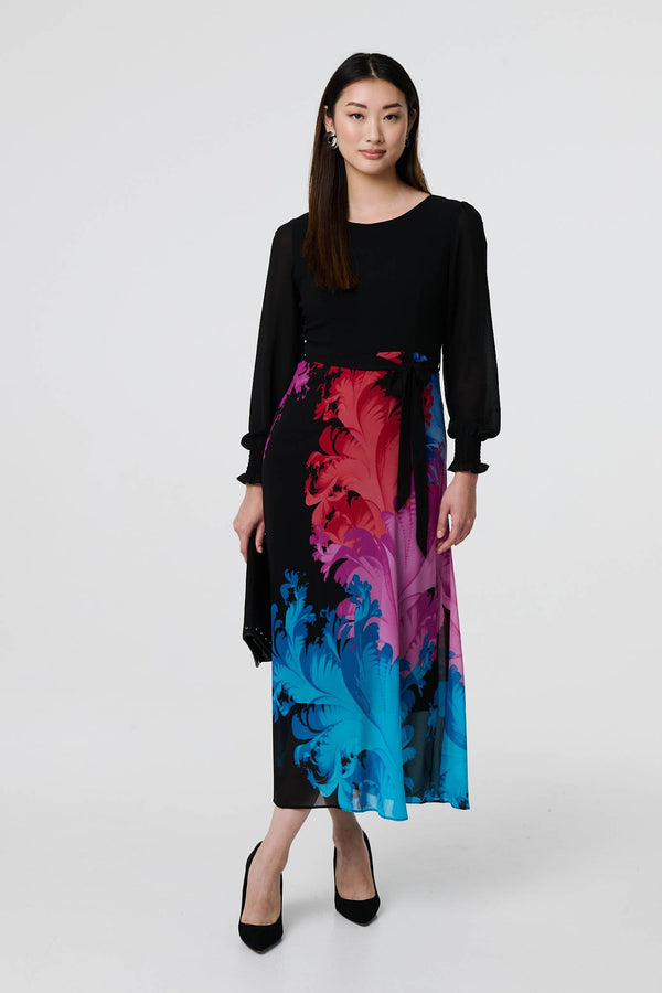 Black | Floral Contrast Print Tie Waist Midi Dress
