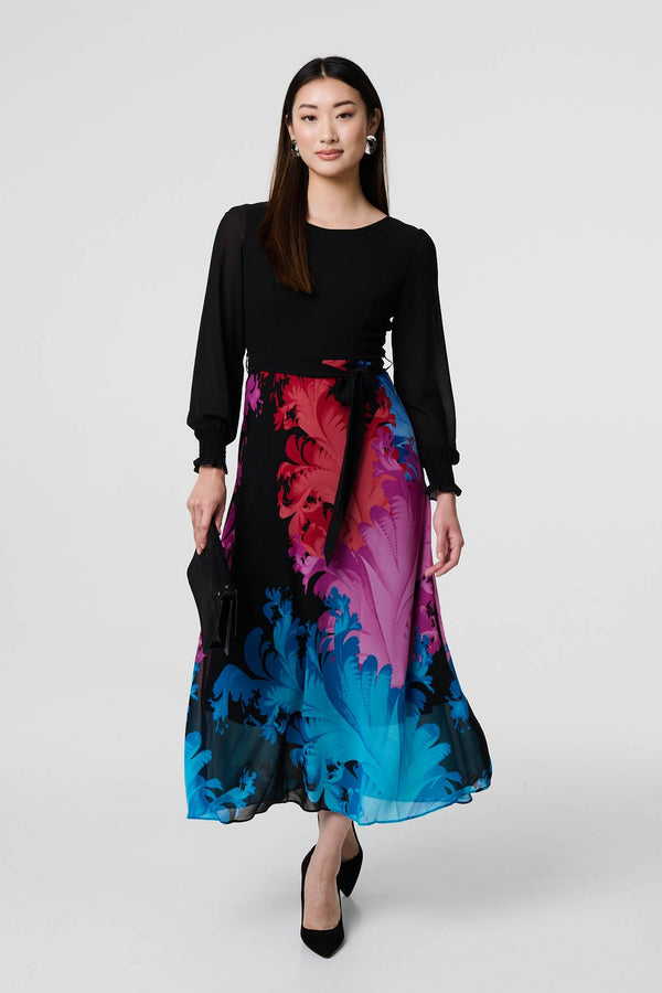 Black | Floral Contrast Print Tie Waist Midi Dress
