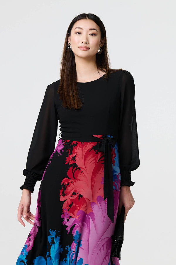 Black | Floral Contrast Print Tie Waist Midi Dress
