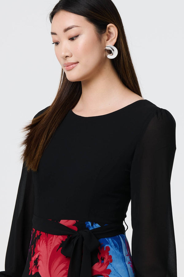 Black | Floral Contrast Print Tie Waist Midi Dress
