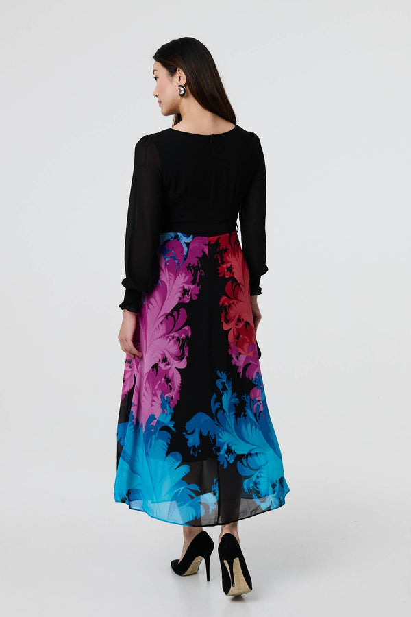 Black | Floral Contrast Print Tie Waist Midi Dress
