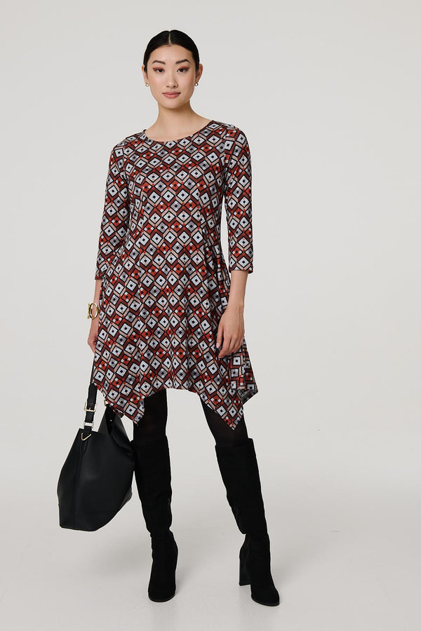 Orange | Geo Print Hanky Hem Jumper Dress