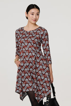 Orange | Geo Print Hanky Hem Jumper Dress