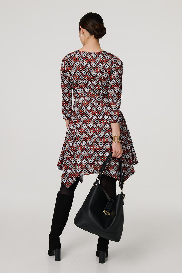 Orange | Geo Print Hanky Hem Jumper Dress