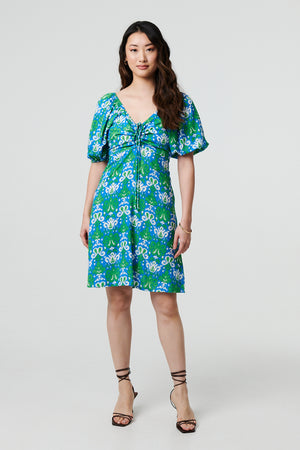 Green | Printed Tie Bardot Neck Short Dress
