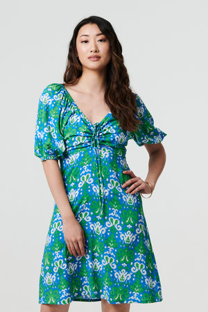 Green | Printed Tie Bardot Neck Short Dress
