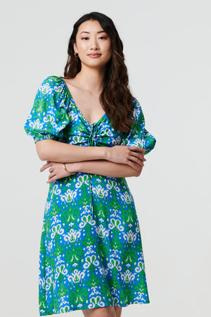 Green | Printed Tie Bardot Neck Short Dress
