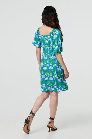 Green | Printed Tie Bardot Neck Short Dress
