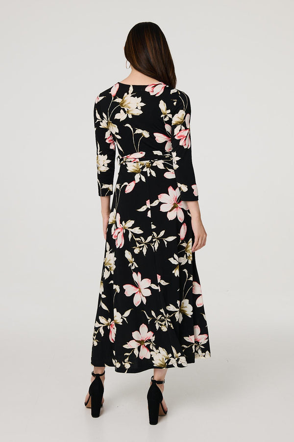 Black | Floral Tie Waist 3/4 Sleeve Maxi Dress
