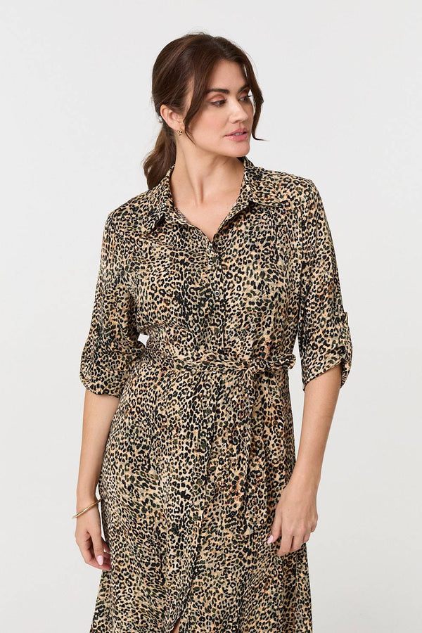 leopard print shirt dress uk Leopard Print Knot Front Shirt Dress in Khaki