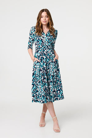 Blue | Printed 3/4 Sleeve V-Neck Midi Wrap Dress
