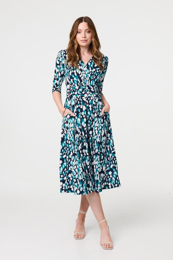 Blue | Printed 3/4 Sleeve V-Neck Midi Wrap Dress
